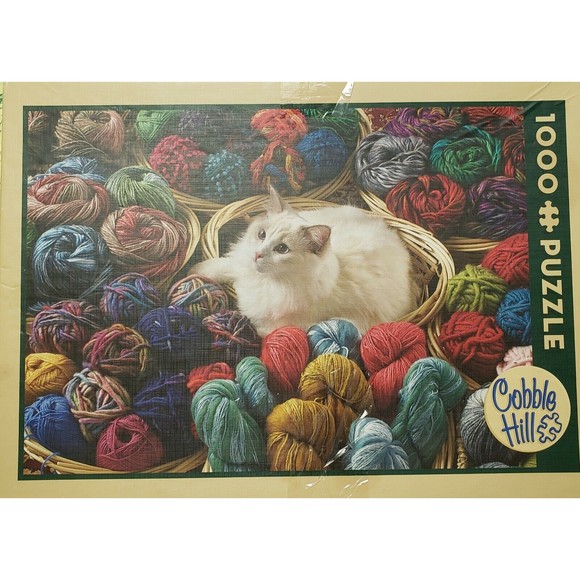 Cobble Hill 1000 piece Jigsaw Puzzle FUR BALL White Cat with Yarn Baskets - Picture 1 of 8
